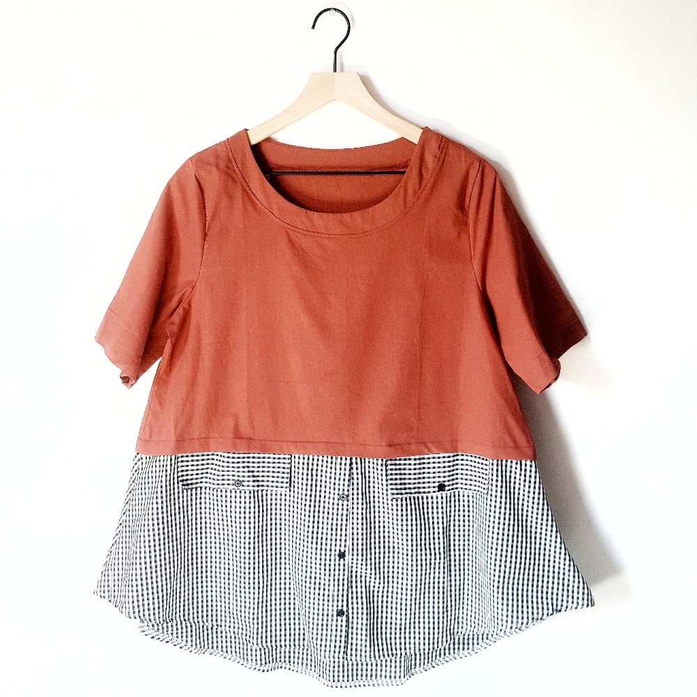 NWOT Burnt Orange + Checkered Top